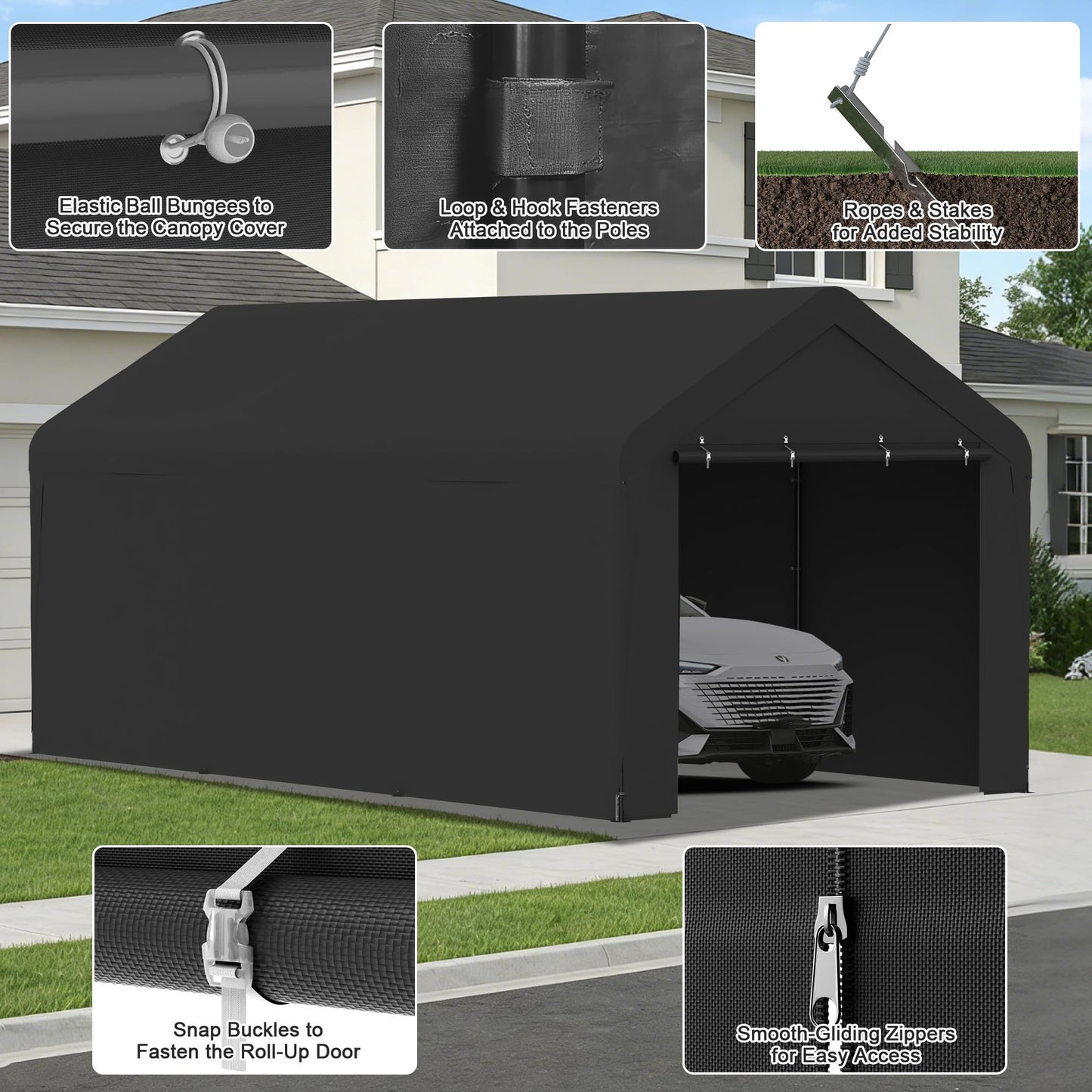 Carport 10 x 20 FT Heavy Duty, Portable Garage Canopy, Waterproof Car Canopy with Side-Opening Removable Door, Carport Canopy for Car, Truck, Boat, Equipment (Black)