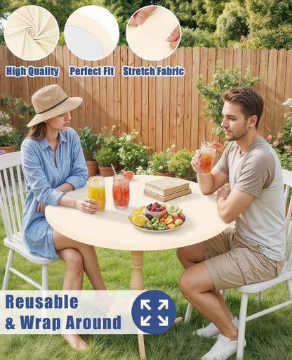 Moosfor Round Spandex Tablecloth, Elastic Fitted Waterproof Tablecloths for 42"-50" Tables, Stretch Washable Picnic Table Cover for Camping, Dining, Indoor and Outdoor, Beige