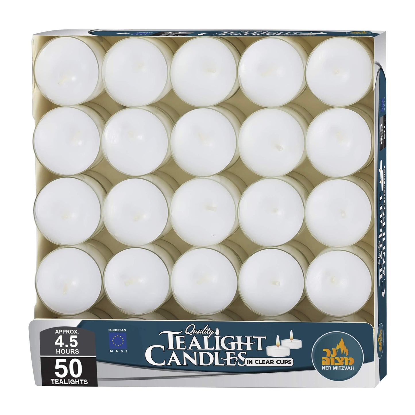 Ner Mitzvah Tea Light Candles - 50 Bulk Pack - White Unscented Tealight Candles in Clear Cup - Long Burning - 4.5 Hour