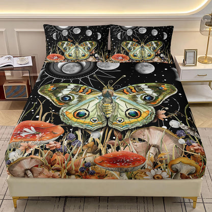 AILONEN Moth Fitted Sheet Set Twin Size,Sun and Moon Bedding Set for Kids Girls Boys,Boho Natural Mushroom Plants Bed Sheet Set,Starry Night Bedsheets Set,3 Pieces, 1 Fitted Sheet + 2 Pillowcases