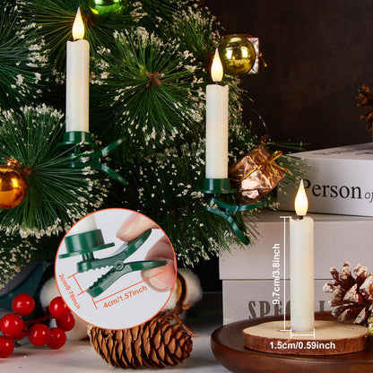 IMAGE 12Pcs LED Taper Candles Light Set Flameless 3D Wick Ivory Candles with Clip-on Christmas Tree Design, 10-Key Remote with Timer, Warm White Light, Battery Operated for Versatile Decoration