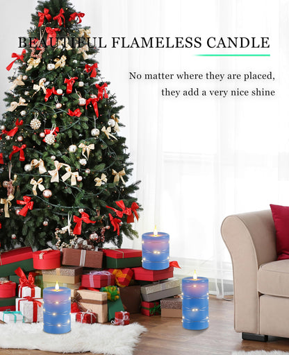 Da by 3 Pack Blue Real Wax Flameless Taper Candles, Lifelike Flickering LED Flame Candles with Surrounding Fairy String Lights, Soft Warm Battery Candles with Remote for Home Wedding Holiday Decor