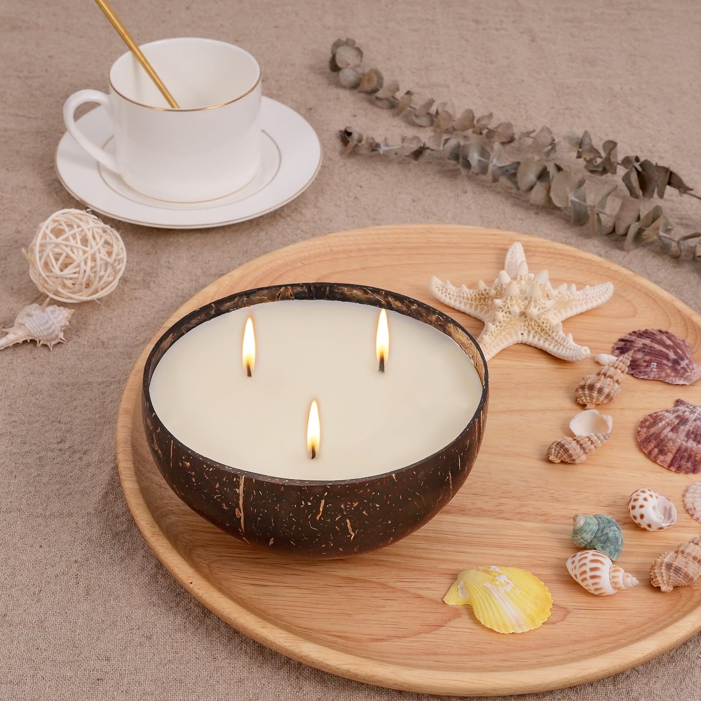 Viyffo Large Non Toxic Soy Candle - Spring Forest & Sage, 18oz 3 Wick Scented Candle for Women & Men, Natural Coconut Shell Jar Perfect for Home Decor & Unique Nature Gift