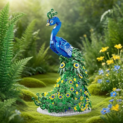 Flowers Peacock Building Block Set Fly Animal Art Bird Peacock on Botanicals Green Vivid Feather DIY Bonsai Tree Bricks Kit Home Office Decor Ideal Valentine's Day Toy Gift for Lover Teen(807PCS)