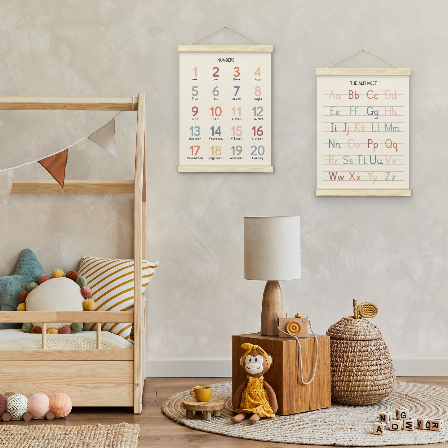 BONETAT Numbers alphabet poster for Nursery Toddlers, Play Room Wall Decor, ABC Wall Chart, Wall Hanging Decor for Toddler Playroom Decor Kids Wall Decor, Wooden Frame Alphabet Banner-A11