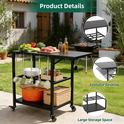 Outdoor Grill Table for Big Green Egg, Heavy Duty Metal Cart Prep Table with Wheels, Folding Panels, Storage Shelf, Hooks, Removable Central Cover, Compatible with Large Big Green Egg, Kamado Joe Jr