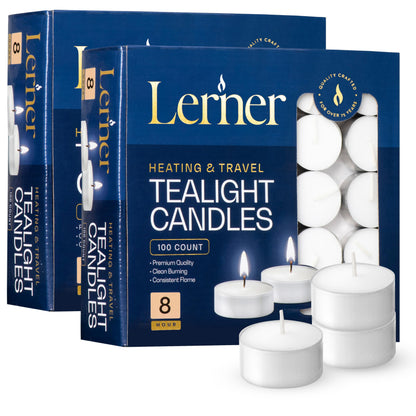 Lerner Tealight Candles, 200 Count| 8 Hours Long-Burning White Tea Light Candles| Non-Toxic, Smokeless & Soot-Free Tea Light Warmer Candles | Unscented Party, Décor, Shabbat Tea Candles