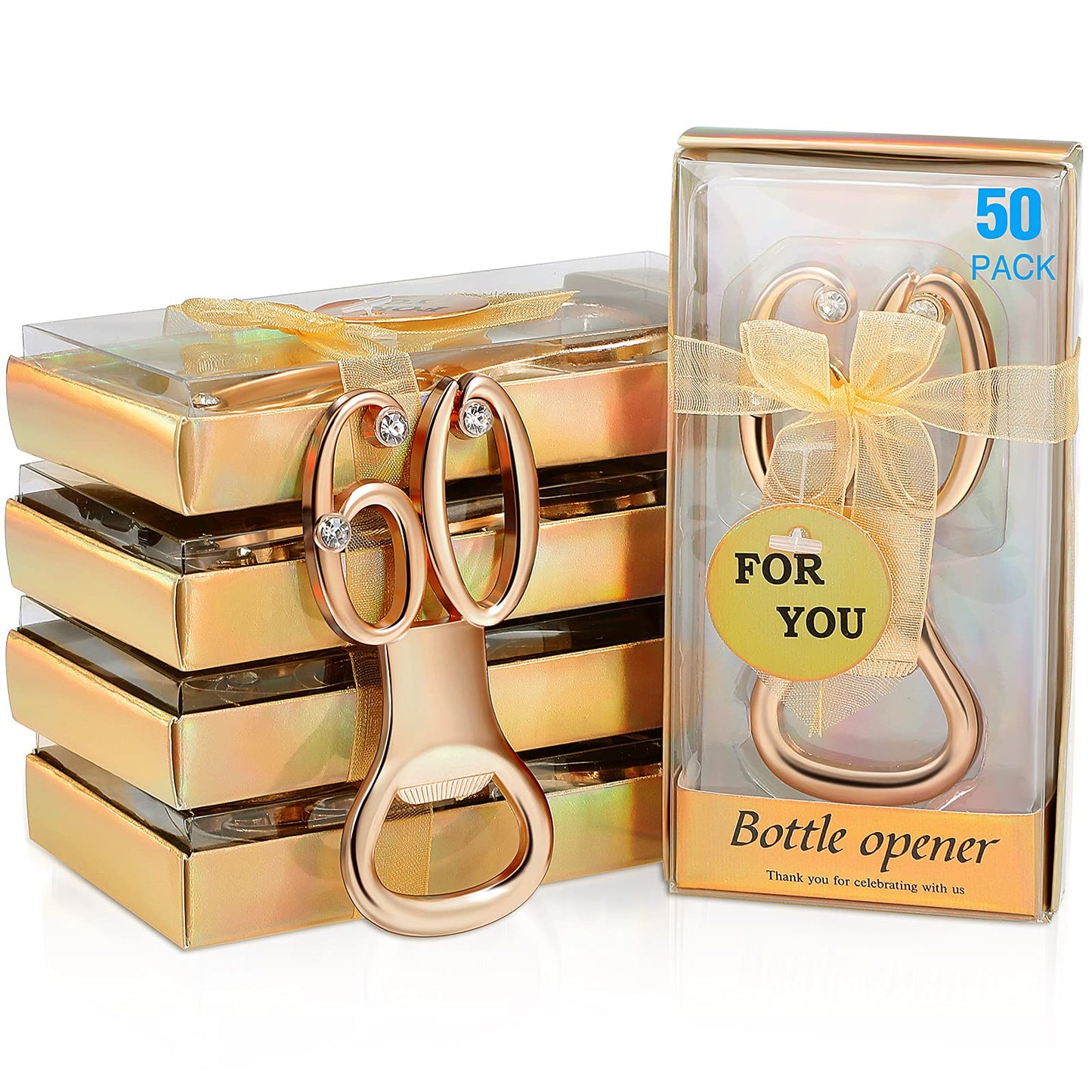 Boao 50 Pcs Birthday Bottle Opener Party Favors Rhinestones Birthday Souvenirs Wedding Anniversary for Guests Beer Opener Party Favors Decoration(Gold,60th Style)