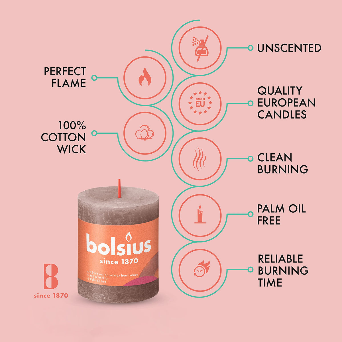 BOLSIUS 4 Pack Taupe Rustic Pillar Candles - 2.75 X 3.25 Inches - Premium European Quality - Includes Natural Plant-Based Wax - Unscented Dripless Smokeless 35 Hour Party and Wedding Candles