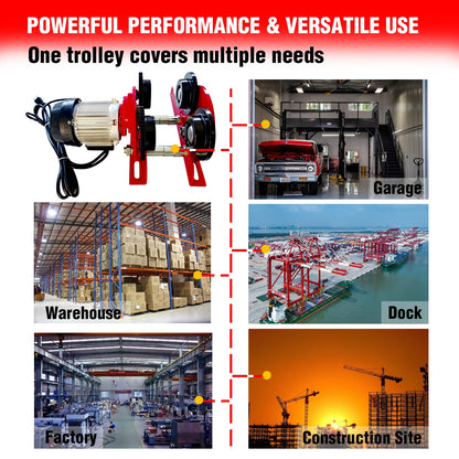 Electric Trolley for Power Hoist 2200LBS Capacity,Fit 2.68-4.33 in I-Beam,Push Geared Overhead Crane Heavy Duty Wheels System for PA200 to PA1000 Hoists,Perfect for Gantry Cranes,Warehouses