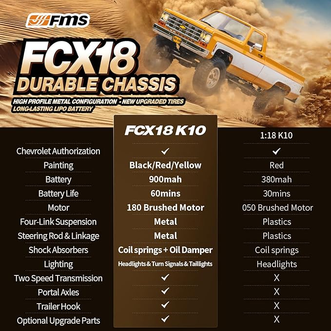 EAZYRC FMS FCX18 1/18 Chevrolet K10 RC Truck Officially Licensed 4WD RC Crawler 2 Speeds Switch with LED Lights Off-Road RC Car for Adults (Black)