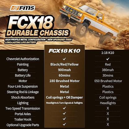 EAZYRC FMS FCX18 1/18 Chevrolet K10 RC Truck Officially Licensed 4WD RC Crawler 2 Speeds Switch with LED Lights Off-Road RC Car for Adults (Black)