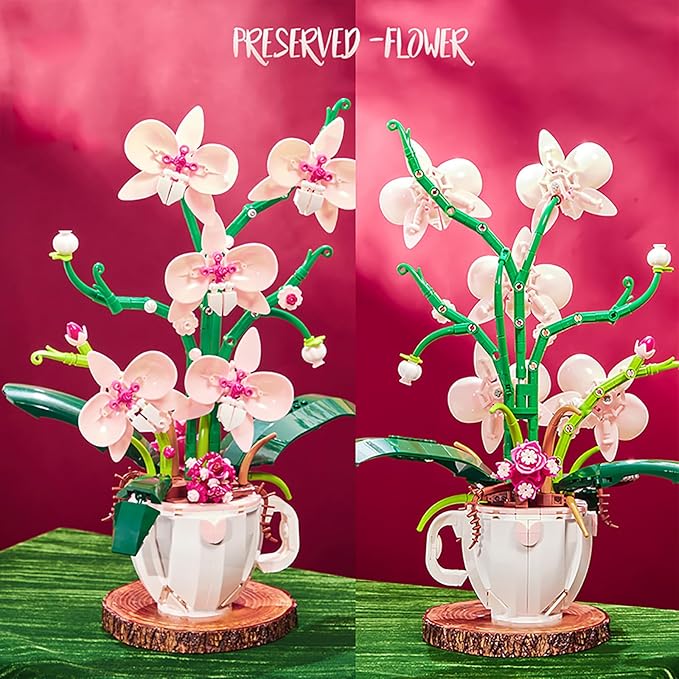 Pink Orchid Flower Building Set for Adults Coffee Cup Orchid Botanical Collection Plant Building Kit Home and Office Decor Gift for Christmas Day Valentines Birthday 567pcs