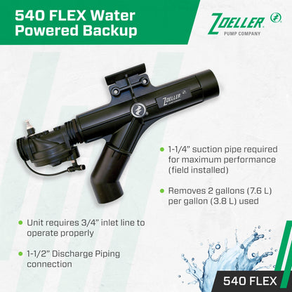 Zoeller 540 FLEX Water-Powered Backup Sump Pump System – No Battery or Electricity Required - Installs Horizontally or Vertically - Works During Sump Pump Failure - ¾″ Inlet / 1-½″ Discharge