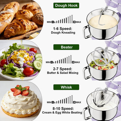 Camic Electric Stand Mixer,7.45 QT,10 Speeds with Dough Hook,Whisk, Flat Beater Attachments, Splash Guard, Easy-Carry Top Handle,3-IN-1 Kitchen Mixer for Baking Cakes Cookie Bread Salad (Purple)