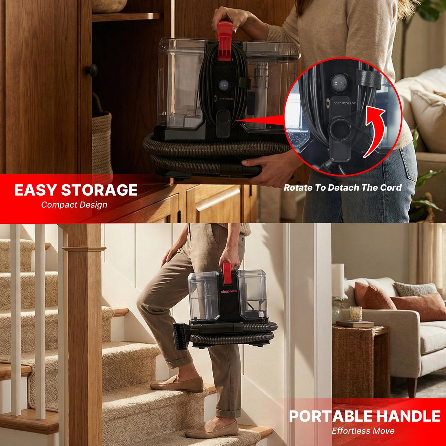 Shop-Vac Portable Carpet Cleaner Machine with 212℉ Steam & Heating System, 4 Cleaning Modes Upholstery Cleaner with Versatile Tools for Car, Rug, Couch, Bathroom, Kitchen Messes, 5430270