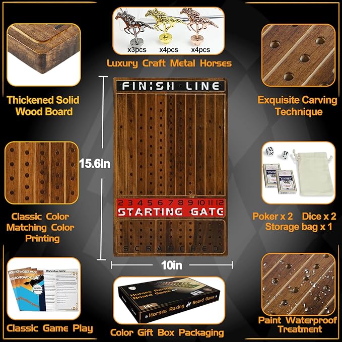 Horse Race Board Game Racing Game Thickened Solid Wood with 11 Luxurious Durable Classic Metal Horses with 2 Dice and 2 Boxes of Cards Horse Racing Game (Rustic Brown Rectangle)