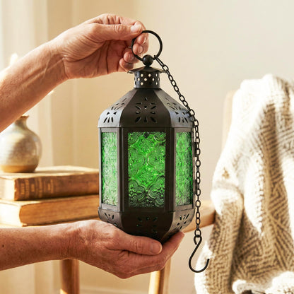 Vela Lanterns Hanging Moroccan Lamp - Exotic Decorative Patio & Porch Decor, Indoor Outdoor Tea Light Candle Lantern Holder with Chain (11" Medium, Green Glass, 2-Pack)