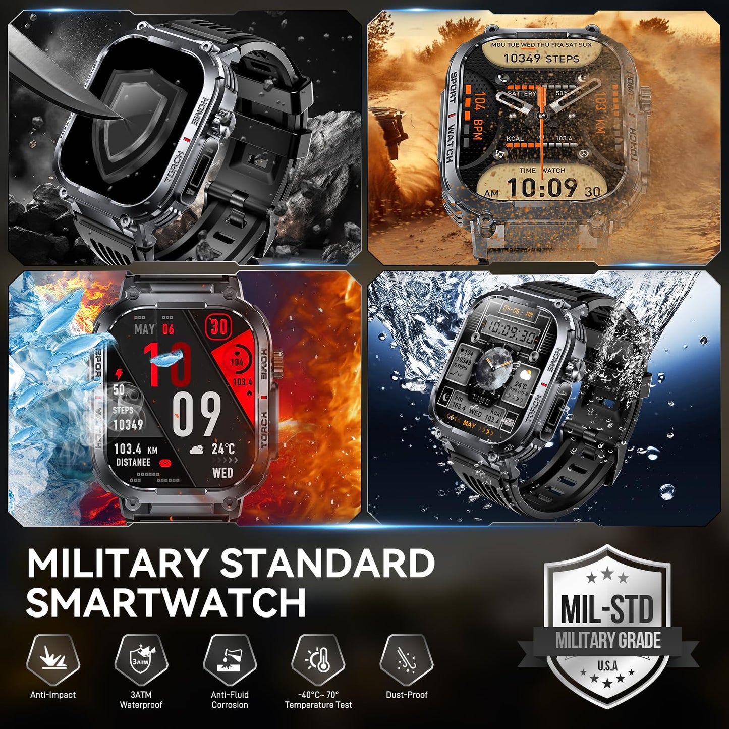 Bassizo Military Smart Watch for Men 3ATM Waterproof with Call/LED Flashlight 2.02" HD Big Screen Rugged Tactical Smartwatch with Compass Fitness Tracker with HR/SPO2/Sleep Monitor for iPhone Android