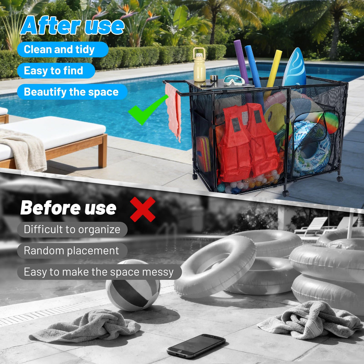 Arejonner 152Gal Pool Storage Organizer with Tabletop,Towel Bar,Zipper Doors,360° Rotating Wheels,Weather-Resistant,Easy Assembly,for Indoor Outdoor,Pool,Patio,Beach (M Size)