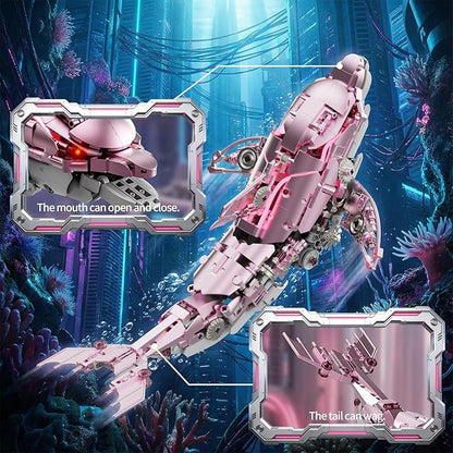 Mechanical Pink Dolphin Building Blocks Set with Hand-Crank &amp Motorized Movement Interactive Detailed Gear Design Display &amp Play Model Futuristic Ocean Animal Model