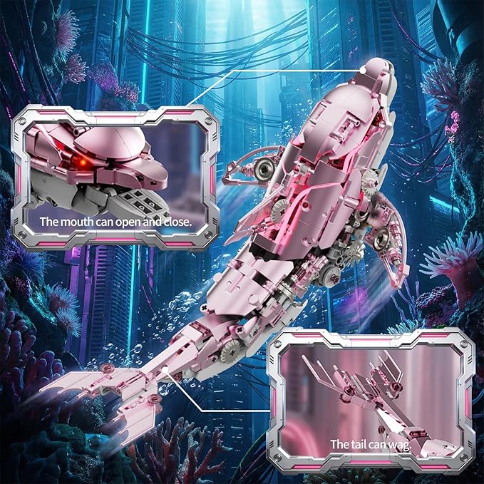 Mechanical Pink Dolphin Building Blocks Set Hand-Operated Motion Detailed Gear Design Display &amp Play Model Futuristic Ocean Animal Model