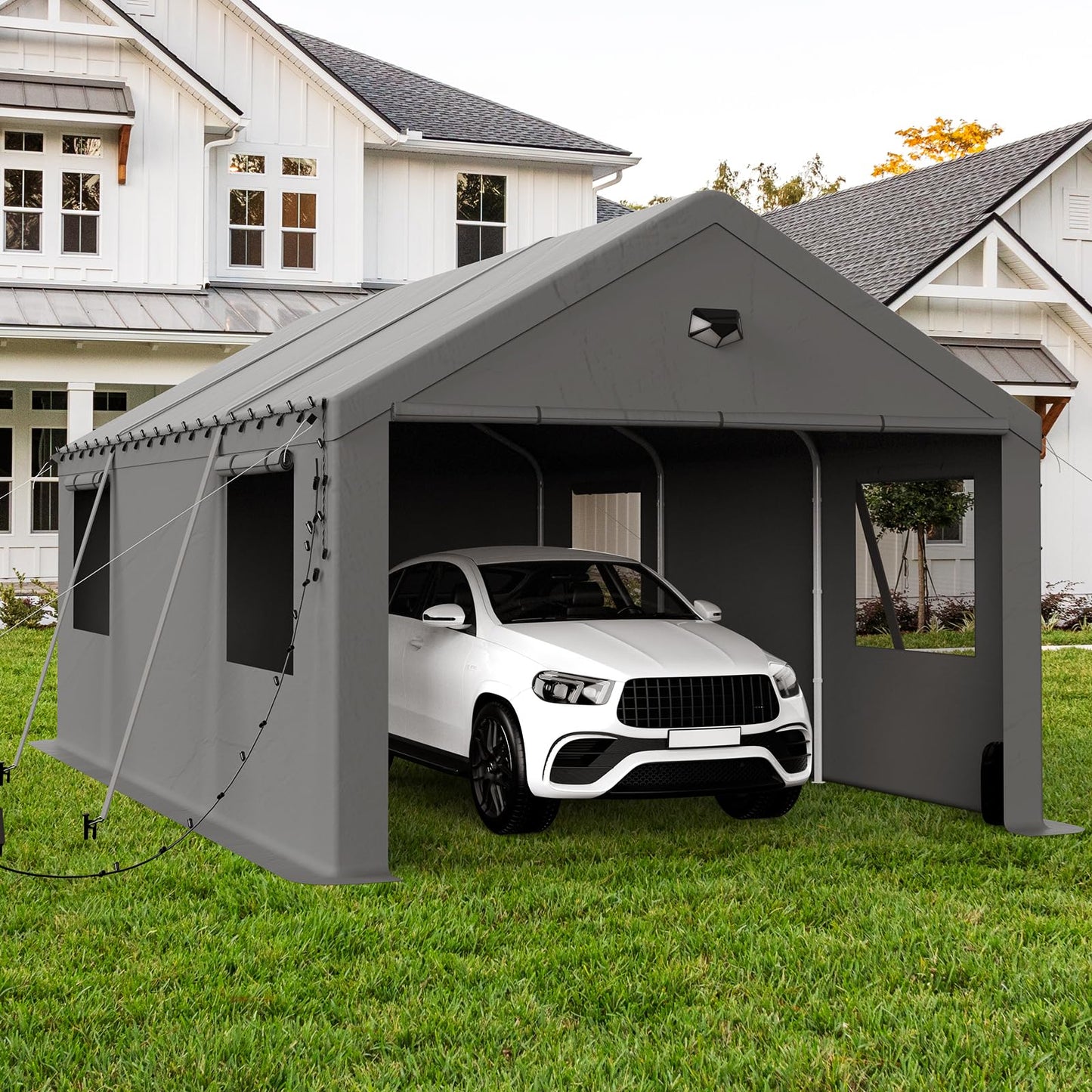 Benass 12x20 FT Heavy Duty Carport Canopy, Drive-Through Portable Garage with Roll-up Doors, Screened Windows, Removable Sidewalls, All-Weather Waterproof Shelter for SUV, Boat & Outdoor Storage