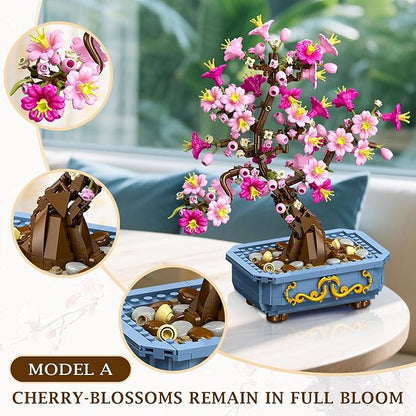 HOGOKIDS Flowers Cherry-Blossom Bonsai Building Set - 2 in 1 Artificial Bonsai Tree Plants for Home Decor &amp Display Cherry Botanical Building Blocks Birthday Easter Gift for Adults Teens (775PCS)