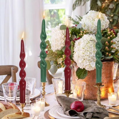 Spiral Taper Candles Set of 4, Red Green 10 Inch Handmade Candle Stick, Unscented Candlesticks, Tapered Candles for Christmas Holiday Dinner Table Decor Gift