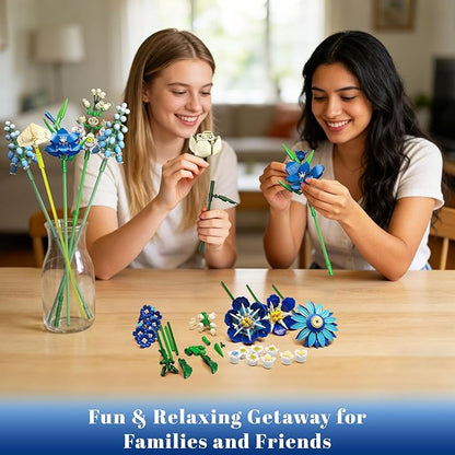 Blue Flower Bouquet Building Set Compatible with Lego Flowers for Adults Artificial Botanical Collection Kit for Valentines Day Mother's Gifts Home Room Desk Shelf Decor