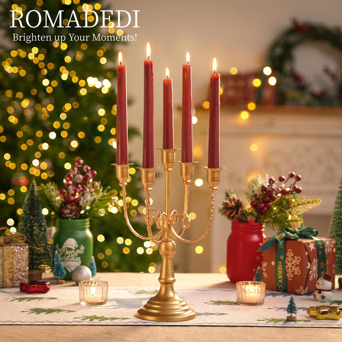 Romadedi Candelabra Gold Candle Holders - 5 Arm 11.8" Wedding Candlestick Holder for Theme Party Table Centerpiece Decor Dining Room Birthday Holiday Christmas, Set of 2