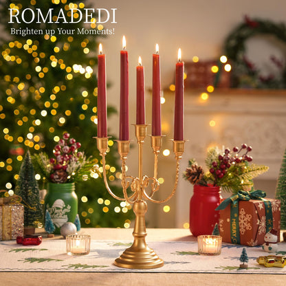 Romadedi Candelabra Gold Candle Holders - 5 Arm 11.8" Wedding Candlestick Holder for Theme Party Table Centerpiece Decor Dining Room Birthday Holiday Christmas, Set of 2