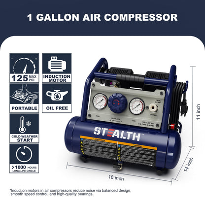 STEALTH Air Compressor 1 Gallon, 1/2HP Max 125 PSI, Induction Motor, 0.8 CFM@90PSI, 1.3 CFM@40PSI, Oil-Free Maintenance Free Light Weight Electric Air Tools for Drilling, Nailing, Grinding, SAUQ-1105