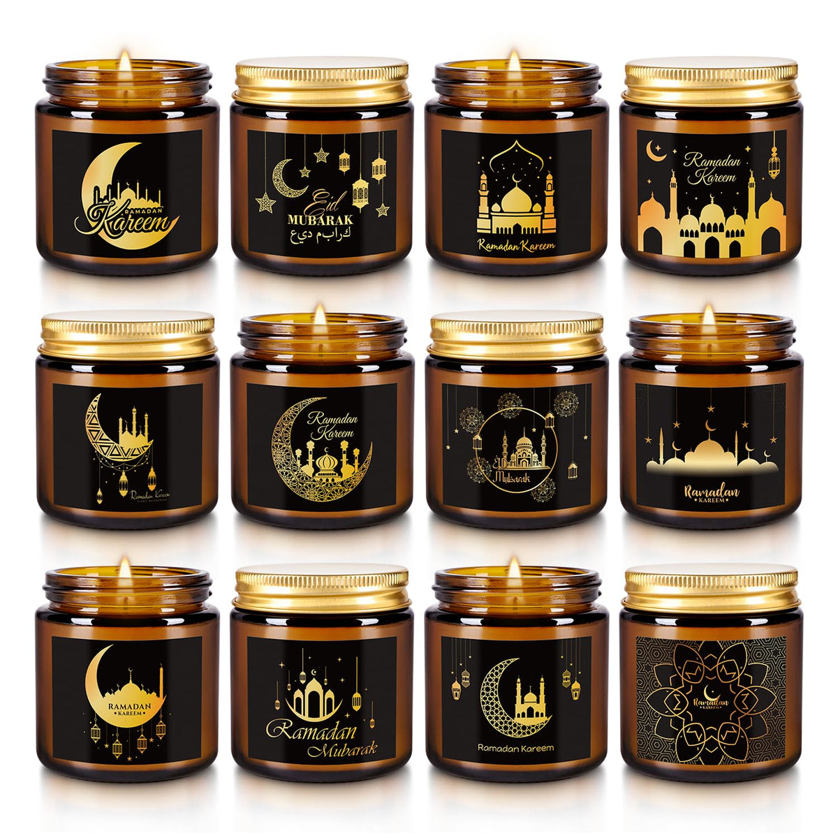 12pack Ramadan Scented Candles 3.5oz Soy Wax，Muslim Islamic Party Favors Gifts Glass Jar Candles for Home Happy Eid Festival Decor(Brown,Pattern)