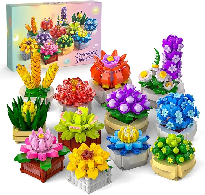 12 Succulents Building Set for Adults &amp Kids 10+ – Botanical Collection Artificial Plants with Pots Easter Birthday for Women Home Office Decor Relaxing DIY Kit(1174 PCS)