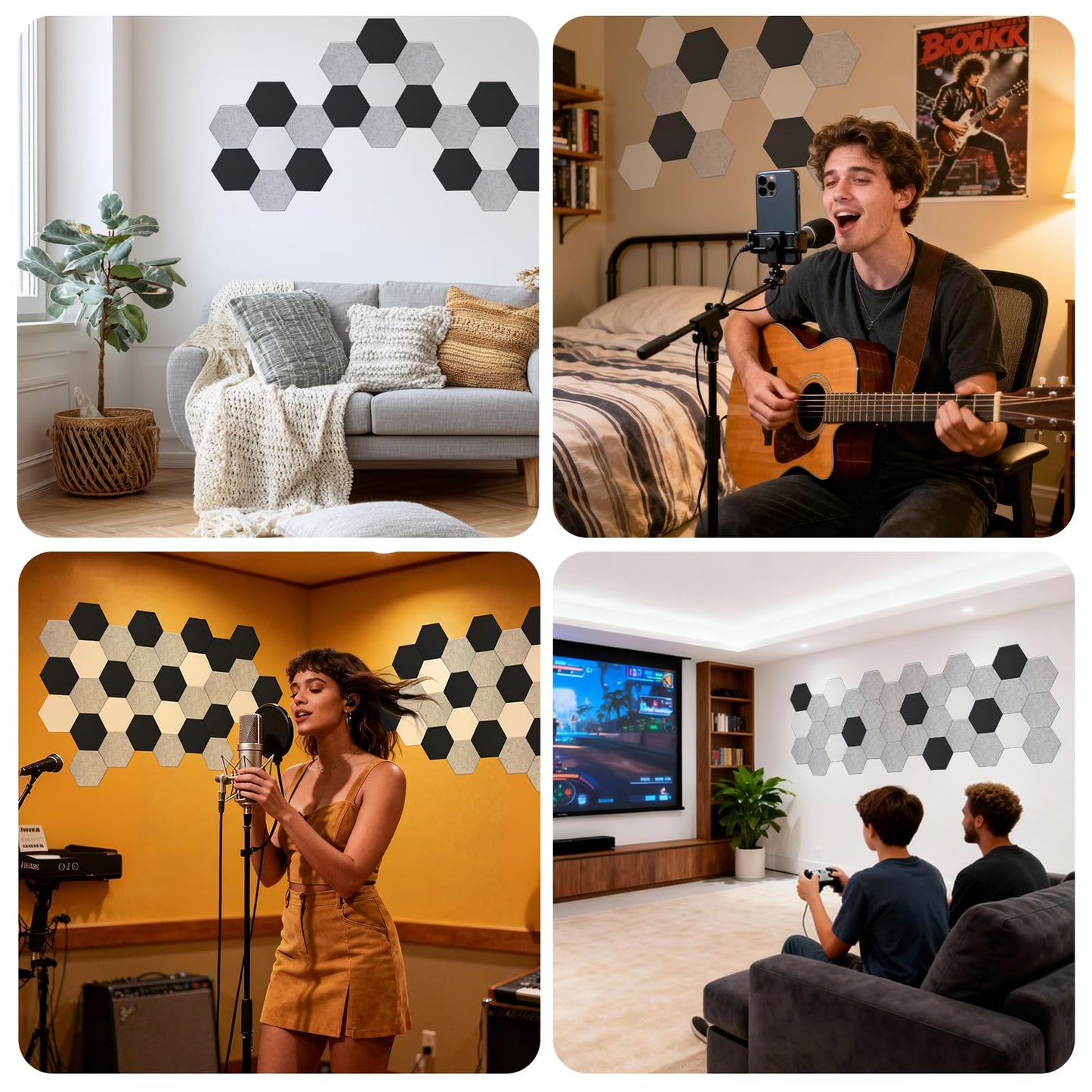 TOMAIX 24 Pack Hexagon Panel, 12"X10"X 0.4"Gray Hexagon Self Adhesive Soundproof Wall Panels, High-Density Sound Absorbing Panels, Acoustic Treatment Panels