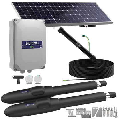 Blütezeit MS650 Solar Dual-Arm Swing Gate Opener + Exit Wand – 1760lb Operator with 24V Lithium Battery, 25W Solar Panel & Hands-Free Vehicle Exit Sensor