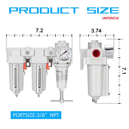NANPU 3/8" NPT T-Handle High Pressure Air Drying System - Double 5 Micron Particulate Filter & Air Pressure Regulator Piston Combo, Semi-Auto Drain＆Gauge
