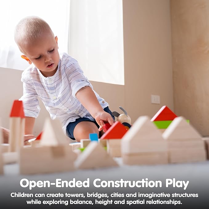 PlanToys® 40 Unit Blocks Wooden Montessori Building and Stacking Toy | Early STEM Fine Motor Creativity and Problem Solving Activity | Eco Friendly Educational Open Ended Play Set