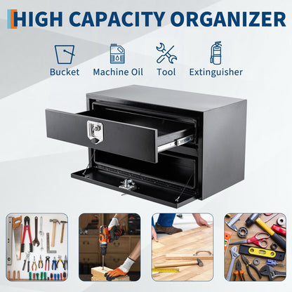 24'' Black Steel Truck Tool Box with Drawer, Heavy Duty Two-Tier Underbody Storage Organizer with Lock and Keys, Waterproof Pickup Truck Bed Toolbox for RV, Trailer, Cargo Equipment 24" x 18" x 20''
