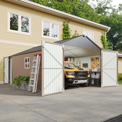Aoxun 12x20x9.3 FT Metal Storage Shed Outdoor Large Garage Shed Carport with Double Doors,Side Door & Windows, Heavy Duty Garden Tool Shed All-Weather Outdoor Building for Vehicles & Sundries(Brown)