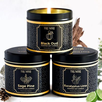 Candle Gift Set of 3 Black Oud|Sage Pine|Eucalyptus Lime Strong Scented Soy Candels Clean Non Toxic Velas Aromáticas Favors for Women Coworkers Friends Guests Also for Fall Diwali Christmas Holidays