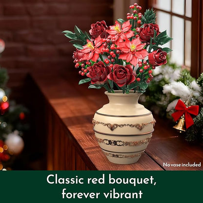 JOJO&ampPeach Flowers Rose Bouquet Building Set for Adults Mom Wife Artificial Poinsettia Botanical Collection for Home Office Display Festive Birthday Gift Toy for Women Girl and Teen 18+ (917PCS