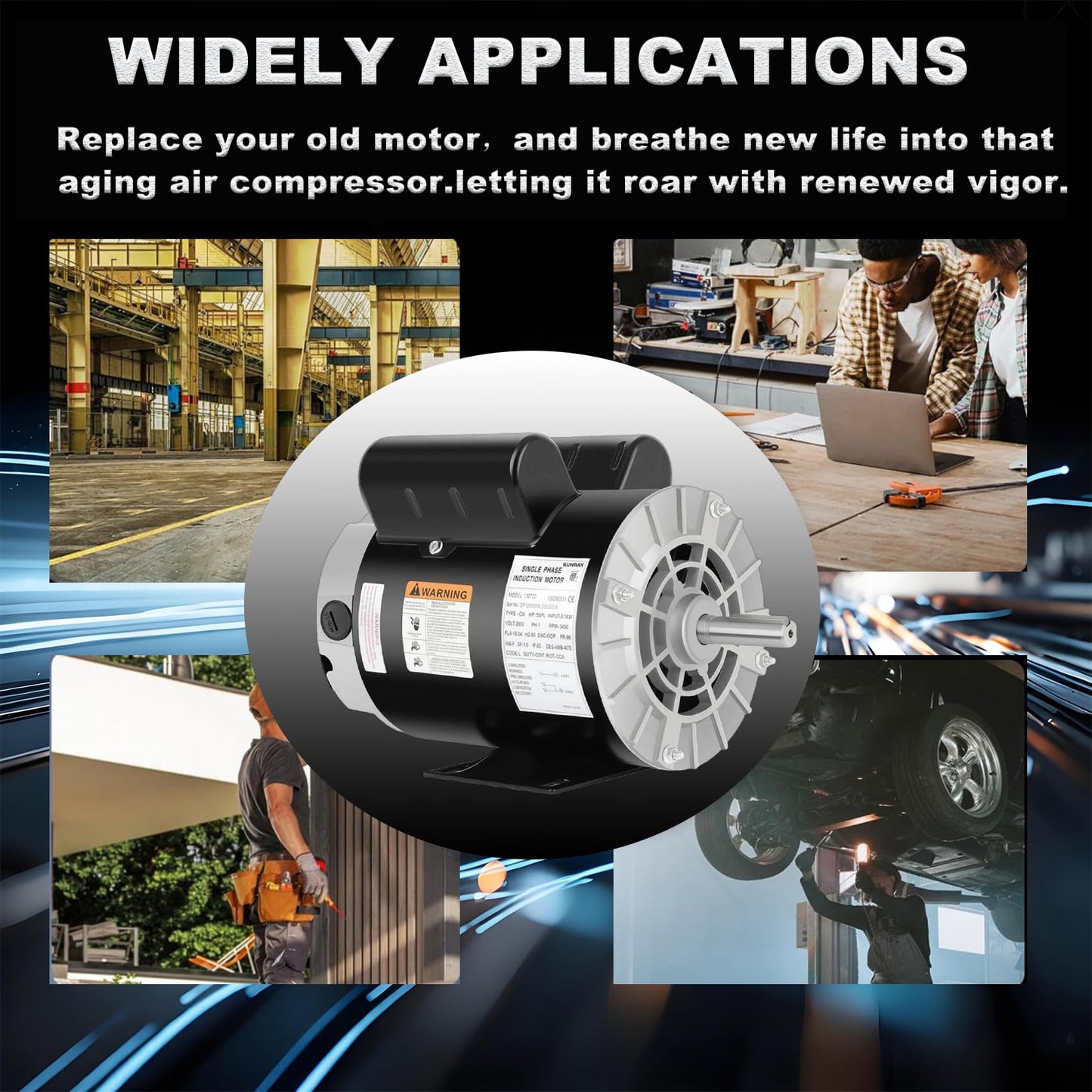 Kunray 3.7HP Air Compressor Motor, 3450RPM Electric Motor, 230V 17.2 Amps Single Phase Motor, 5/8" Keyed Shaft 56 Frame, 1.88" Shaft Length, CCW/CW Rotation