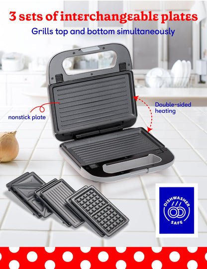 Betty Crocker 3-in-1 Indoor Grill, Sandwich/Panini Press & Waffle Maker Plus, Electric Grill Indoor with Interchangeable Non-Stick Plates, 750 Watts, BC-4965S, Silver