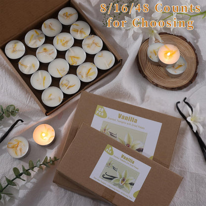 16 Pcs Vanilla Scented Tealight Candles, 6H Long Burning - 100% Palm Wax Based Scented Tea Lights with Dried Flowers, Non-Toxic/Smokeless Tea Lights Candles Bulk for Spa, Bath, Wedding