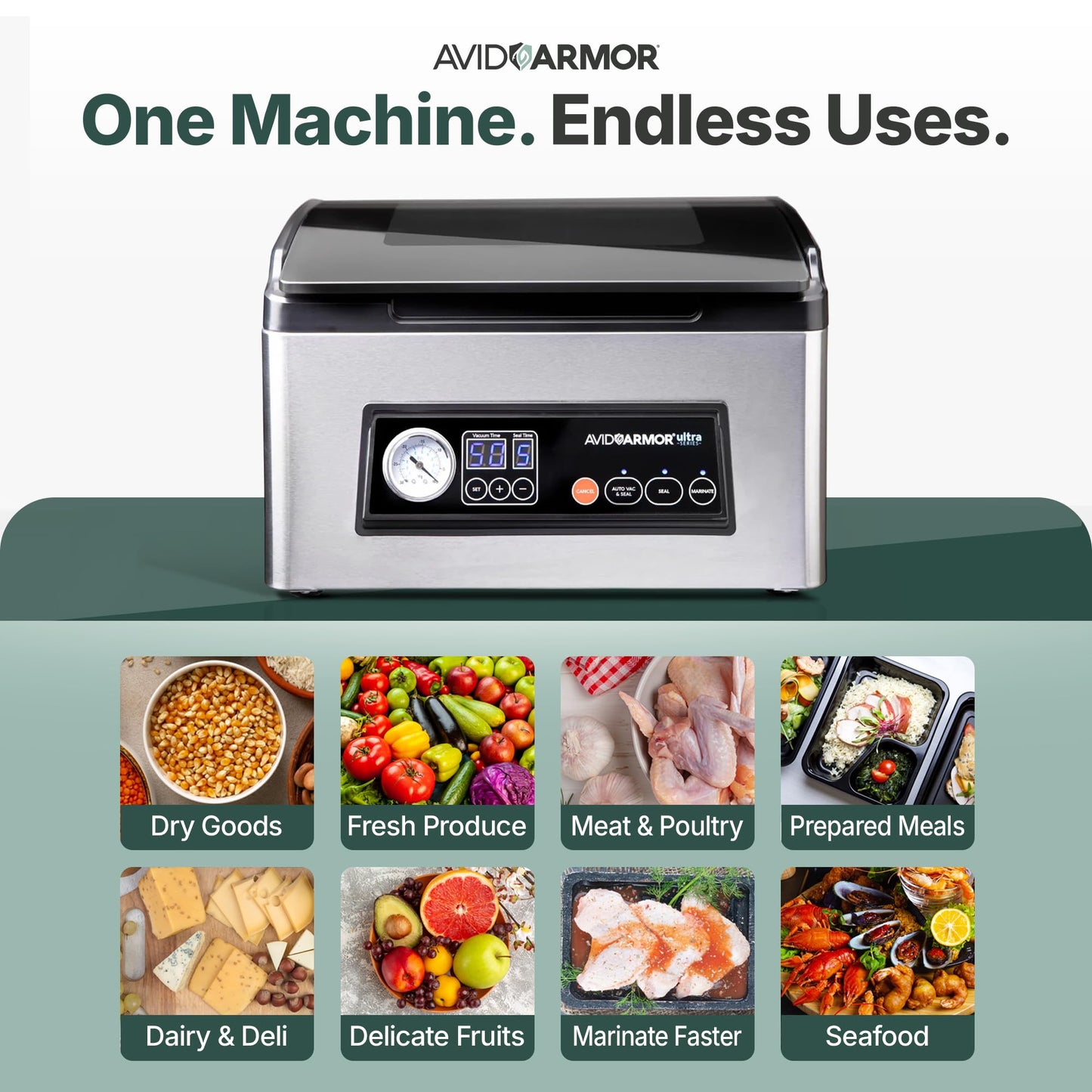 Avid Armor USV32 Chamber Vacuum Sealer Machine – 11.5" Sealing Bar, Glass Lid, Seal Meats, Soups, Sauces & Liquids, Marinate in Minutes, Sous Vide Ready, Accessory Hose Included, Stainless Steel