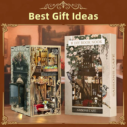 Book Nook Kit DIY Miniature Dollhouse Kit 3D Puzzles for Adults Tiny House Mini Home Craft Bookshelf Nook Puzzle Book Decor Gifts for Teenagers Book Lovers (Saisons Café)
