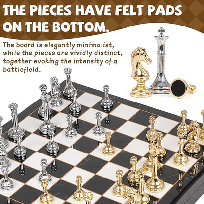 Metal Chess Set for Adults &amp Kids Zinc Alloy Chess Pieces with Marbled Chess Board 11.5 Inch Travel Chess Set with Two Extra Queens Classic Strategy Board Game for Beginners Professionals