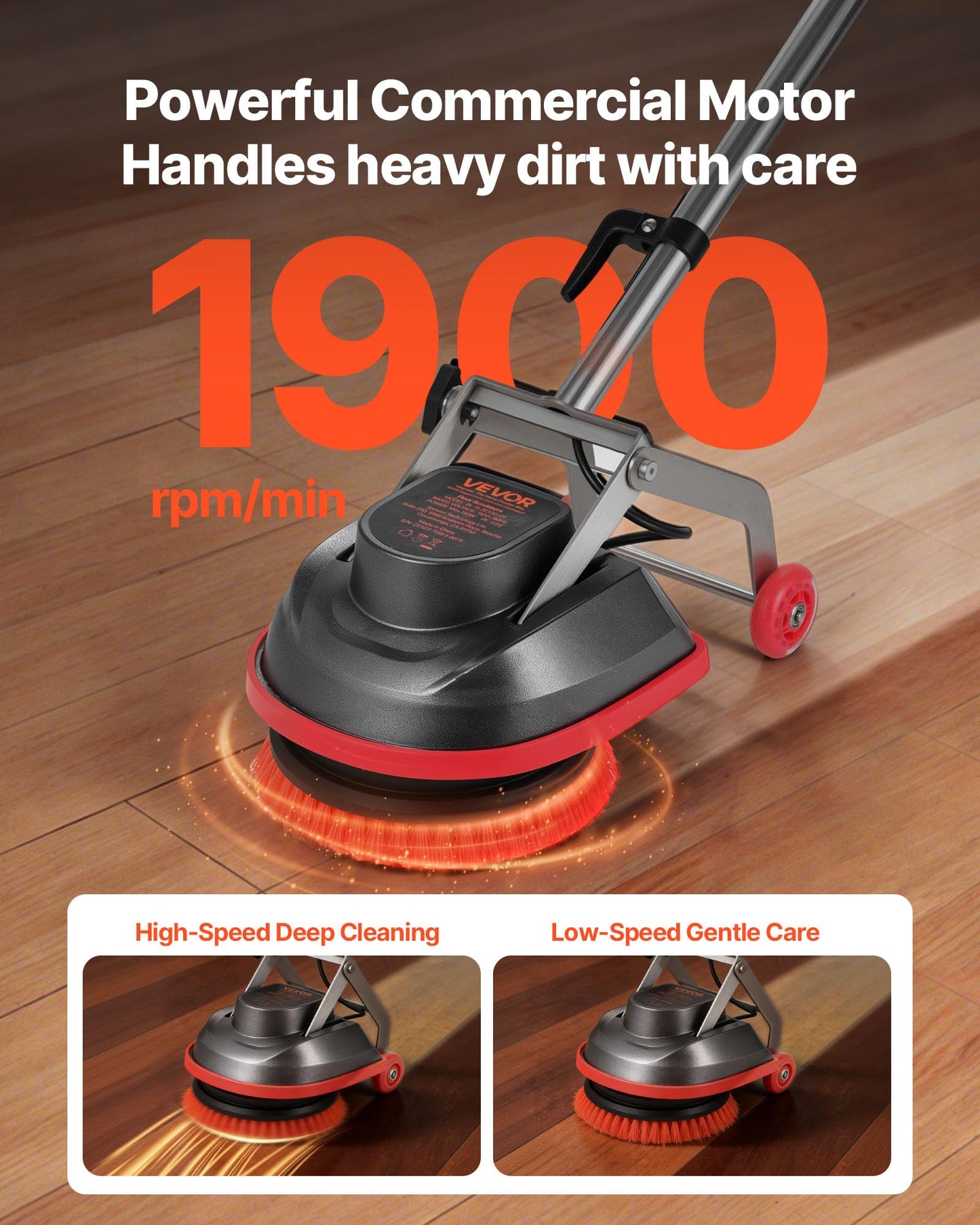 VEVOR Commercial Floor Scrubber Machine, Heavy Duty Floor Cleaner Polisher with 2 Wheels, Professional Electric Carpet Buffer, Max 1900 RPM, 43 FT Cord, 3 Pads & 3 Brushes - All Floor Surfaces
